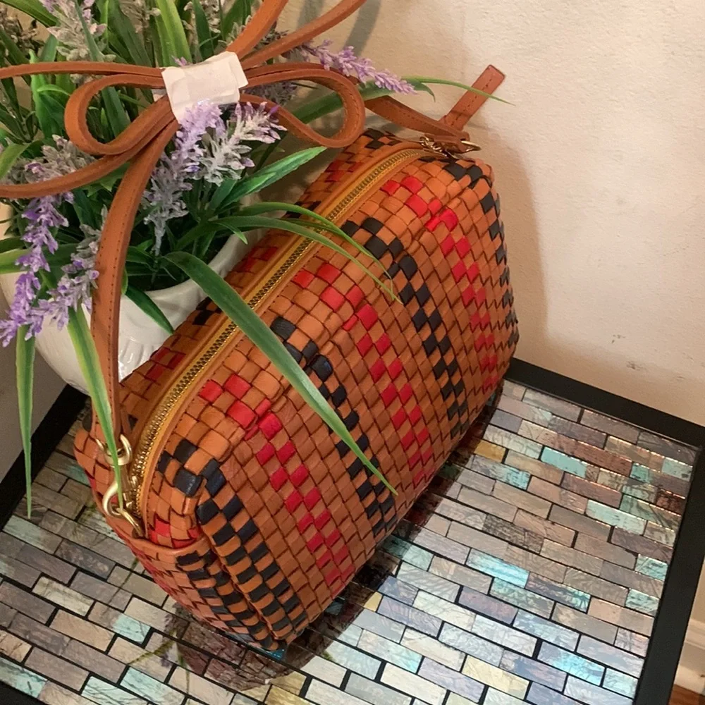 Clare V . Marisol Woven Leather Crossbody Bag, PINSTRIPE WOVEN CHECKER - Picture 1 of 17